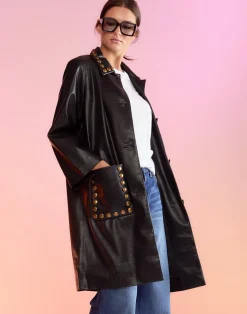 Cynthia Rowley Vegan Studded Leather Coat BLACK Best