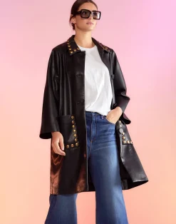 Cynthia Rowley Vegan Studded Leather Coat BLACK Best
