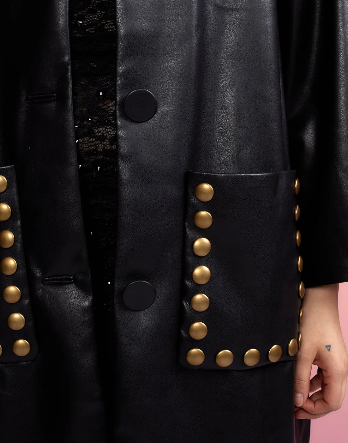 Cynthia Rowley Vegan Studded Leather Coat BLACK Best