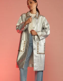 Cynthia Rowley Vegan Studded Leather Coat Silver Clearance