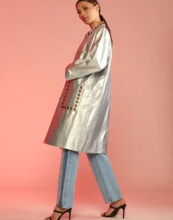 Cynthia Rowley Vegan Studded Leather Coat Silver Clearance