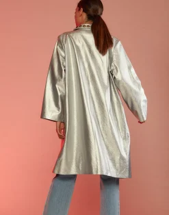 Cynthia Rowley Vegan Studded Leather Coat Silver Clearance