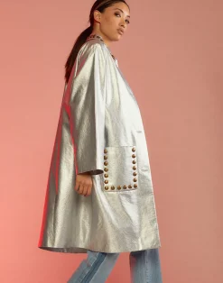 Cynthia Rowley Vegan Studded Leather Coat Silver Clearance