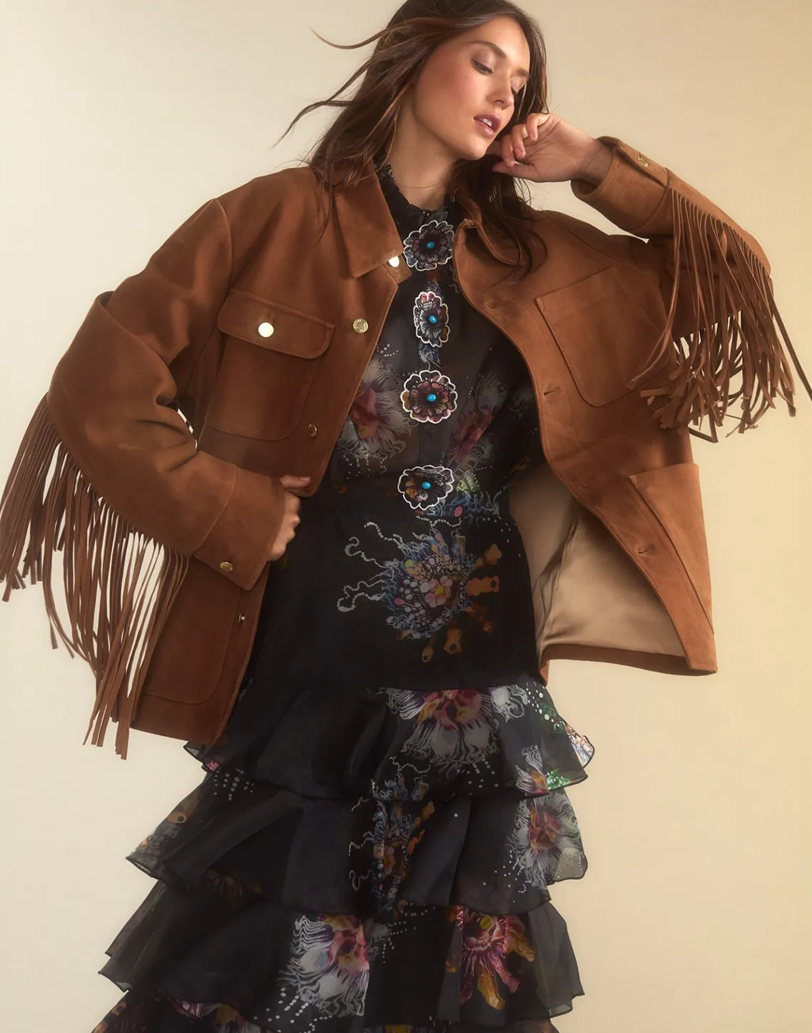 Cynthia Rowley Westward Fringe Suede Jacket BROWN Best