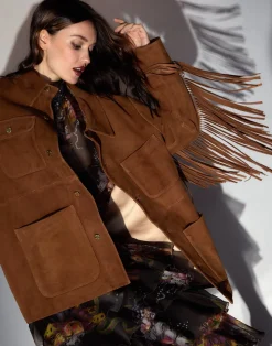 Cynthia Rowley Westward Fringe Suede Jacket BROWN Best