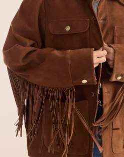Cynthia Rowley Westward Fringe Suede Jacket BROWN Best